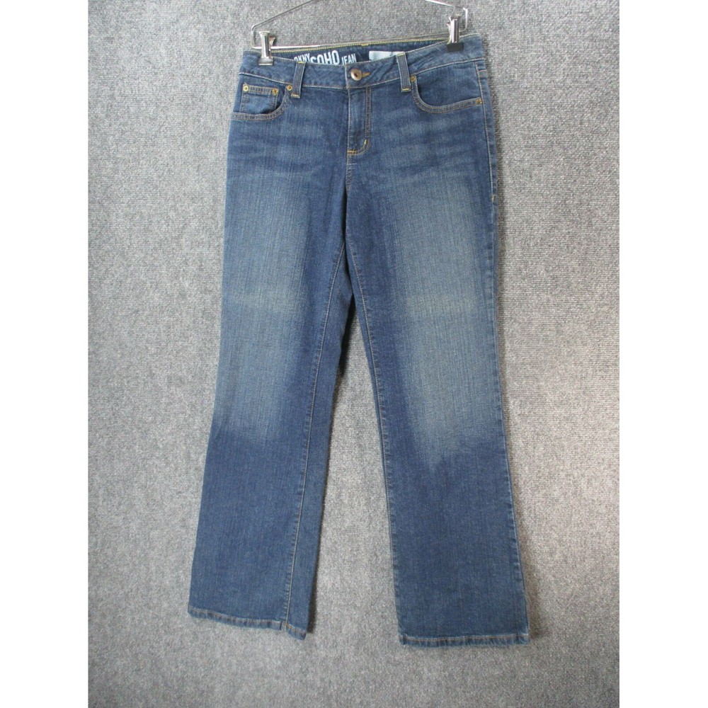 DKNY Pants Women 10 Short Blue Denim Stretch Soho Jeans Straight Leg Faded Logo